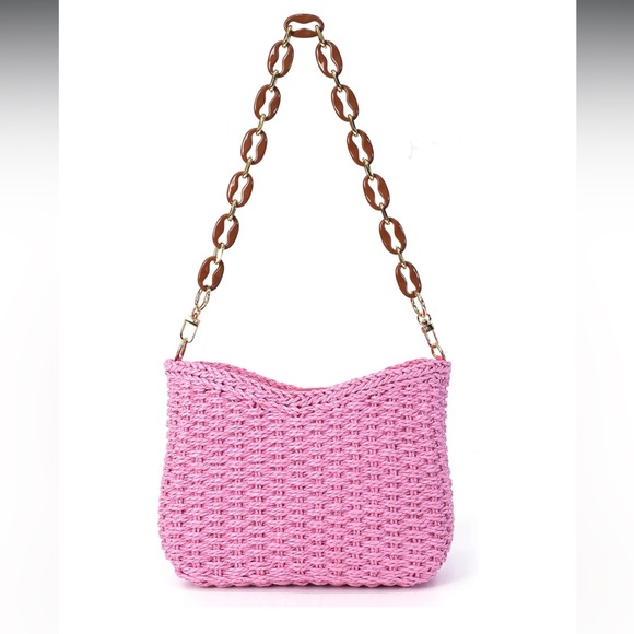 Pink Woven Shoulder Bag with Chain Strap- Brand New - Picture 1 of 2